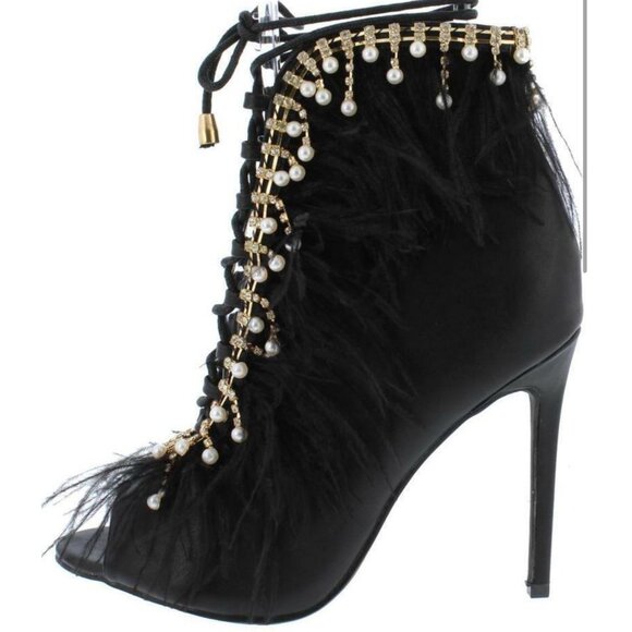 Jubilee Black Ankle Boots Peep Toe Feathers Rhinestone Lace Pearl Showgirl 7.5 - Picture 1 of 11